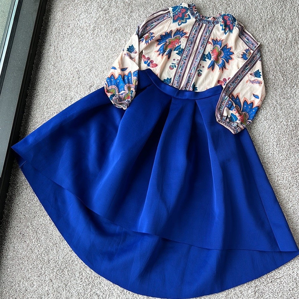 Cobalt blue scuba hi-low A-line midi party skirt